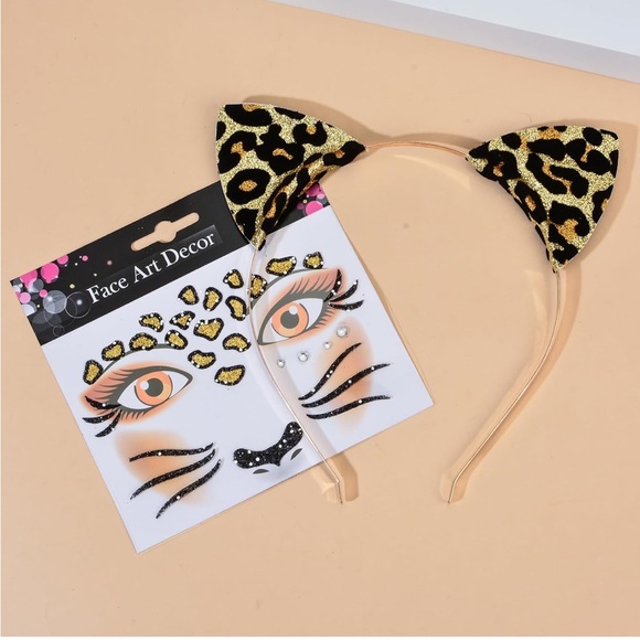 Leopard Print Cat Ear Headband and face art. Halloween or dress up. New - Picture 1 of 7